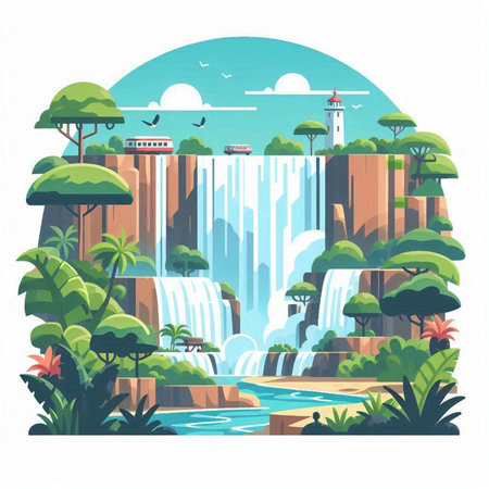 Waterfall in flat style. Waterfall in the jungle. Vector illustrationのイラスト素材