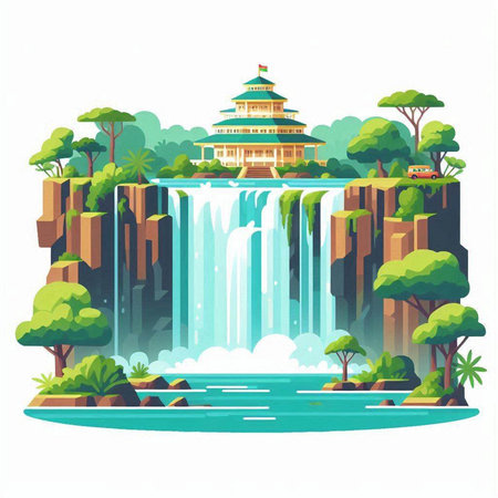 Waterfall vector illustration. Landscape with waterfalls and pagoda.のイラスト素材