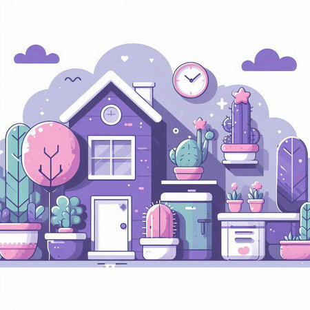 Vector illustration of house with cacti in pots. Flat style.のイラスト素材