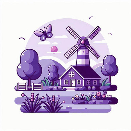 Farm landscape with windmill, trees, flowers and butterflies. Vector illustrationのイラスト素材