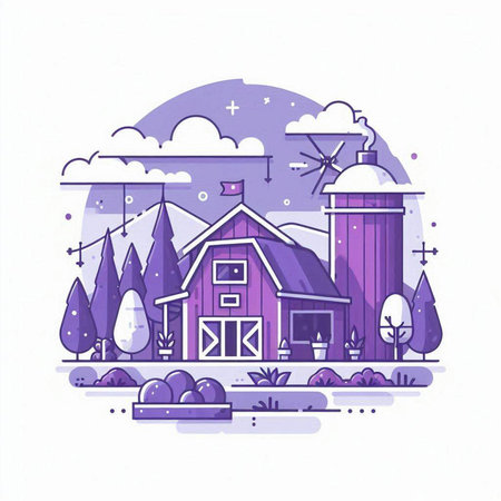 Country landscape with barn and windmill. Vector illustration in flat style.のイラスト素材