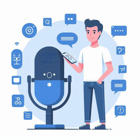 Man with remote control and microphone. Vector illustration in flat style.のイラスト素材