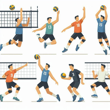 Volleyball players set. Volleyball players in action. Vector illustrationのイラスト素材