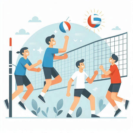 Volleyball players. Group of young people playing volleyball. Flat vector illustration.のイラスト素材