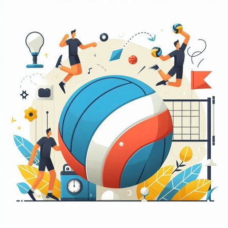 Volleyball sport vector illustration. Cartoon flat style design of people playing volleyball.のイラスト素材