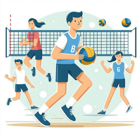 Volleyball players. Men and women playing volleyball. Flat vector illustrationのイラスト素材