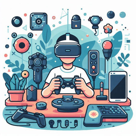 Gamer in virtual reality glasses playing video games. Vector illustration in flat styleのイラスト素材