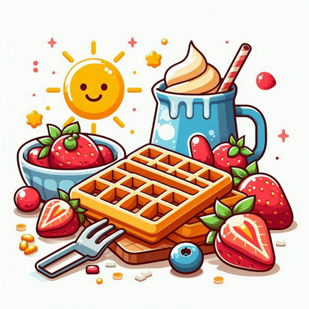 Illustration of a delicious breakfast with waffles, strawberries, ice cream and fruitsのイラスト素材