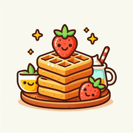 Vector illustration of a stack of waffles with strawberries and tea.のイラスト素材
