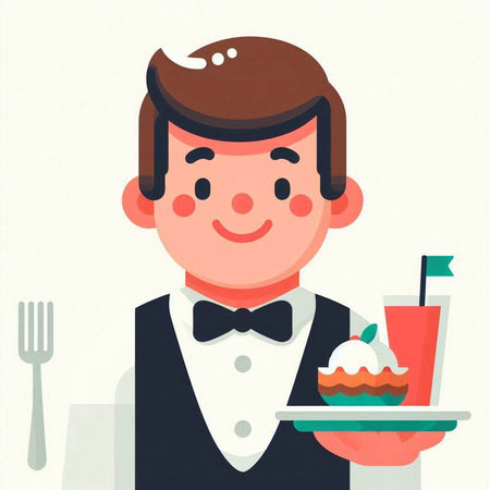 Cute waiter holding a tray with a piece of cake. Vector illustration in flat styleのイラスト素材