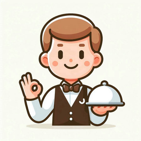 Waiter holding a tray with food and ok hand sign. Vector illustration.のイラスト素材