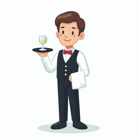 Waiter holding a tray with a glass of wine. Vector illustration.のイラスト素材