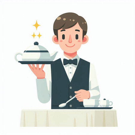 Waiter serving food on a tray. Vector illustration in cartoon style.のイラスト素材