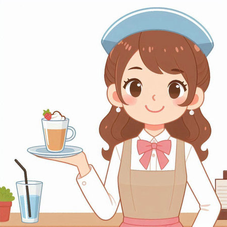 Illustration of a young waitress holding a cup of coffee and a cakeのイラスト素材