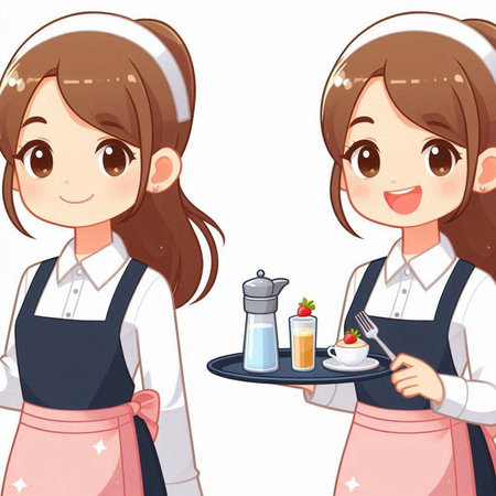 Waitress serving food to customer on white background. Vector illustration.のイラスト素材