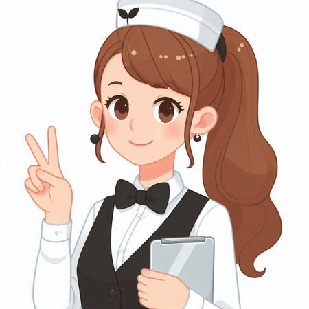 Nurse in uniform with tablet and showing victory sign. Vector illustration.のイラスト素材