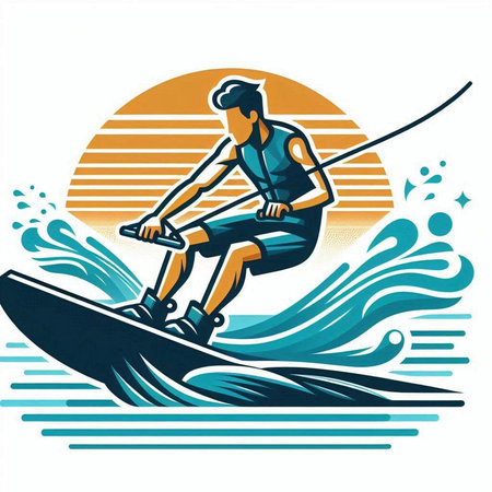 Water skiing vector illustration with surfer on the waves on sunset backgroundのイラスト素材
