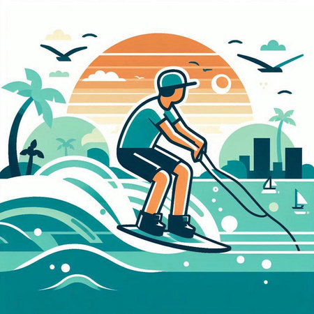 Vector illustration of a man on a wakeboard on the background of the seaのイラスト素材