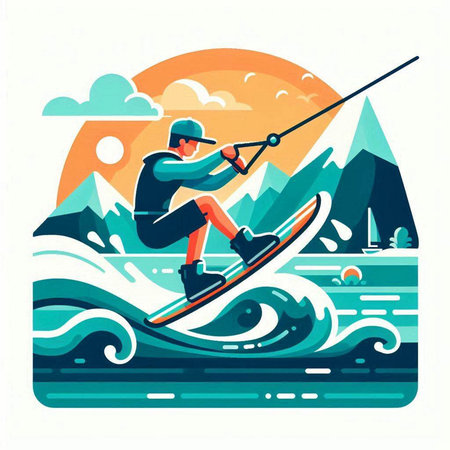 Kitesurfing in the mountains. Vector illustration in flat styleのイラスト素材