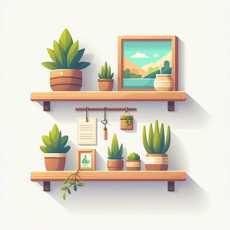 Vector illustration of a wooden shelf with different houseplants in potsのイラスト素材