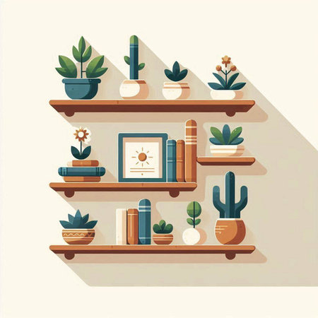 Bookshelf with books and succulents in flat style. Vector illustration.のイラスト素材