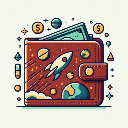 Wallet with money and rocket. Vector illustration in doodle styleのイラスト素材