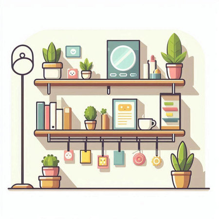 Bookshelf with books and potted plants. Vector illustration.のイラスト素材