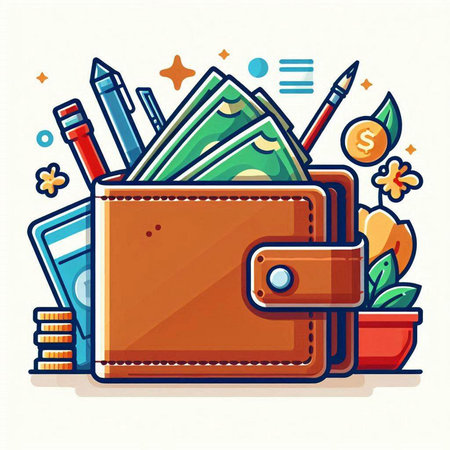 Wallet with money and stationery. Vector illustration in flat style.のイラスト素材