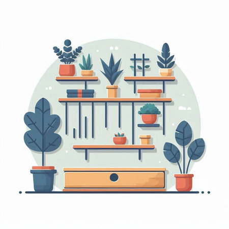 Vector illustration of a shelf with plants. Flat style design. Vector illustration.のイラスト素材