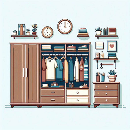 Vector illustration of a wardrobe with clothes, accessories and other things.のイラスト素材