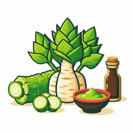 Vegetable and Herb, Illustration of Fresh Parsnip or Celery Root with Essential Oil.のイラスト素材
