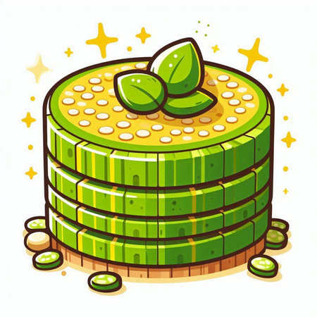Illustration of a cartoon green kiwi cake with green leavesのイラスト素材