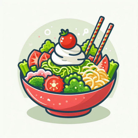 Illustration of a bowl of noodles with vegetables and mayonnaiseのイラスト素材