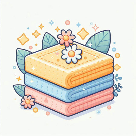 Vector illustration of a stack of clean towels with flowers and leaves.のイラスト素材