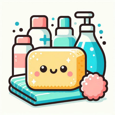 Cute cartoon kawaii sponge, shampoo, soap, shower gel, lotion, lotion. Vector illustration.のイラスト素材