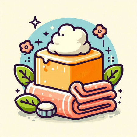 Vector illustration of bath towels and soap. Hand drawn line art.のイラスト素材