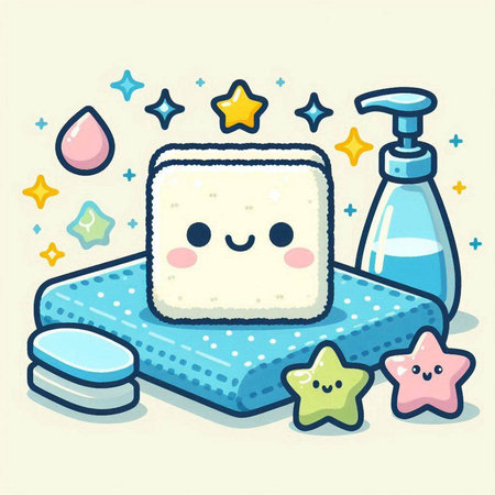 Cute cartoon illustration of a sponge, soap, shampoo and starsのイラスト素材