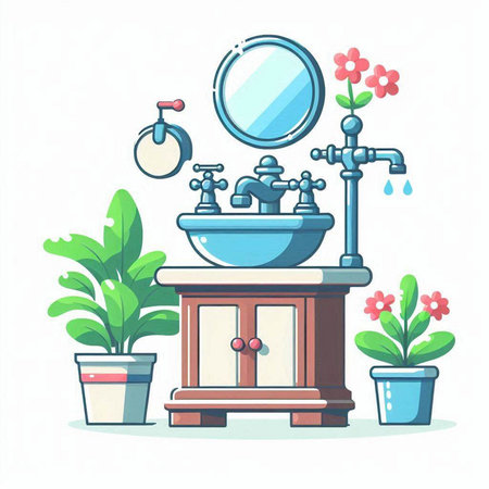 Bathroom interior with sink, mirror and toilet. Vector illustration.のイラスト素材
