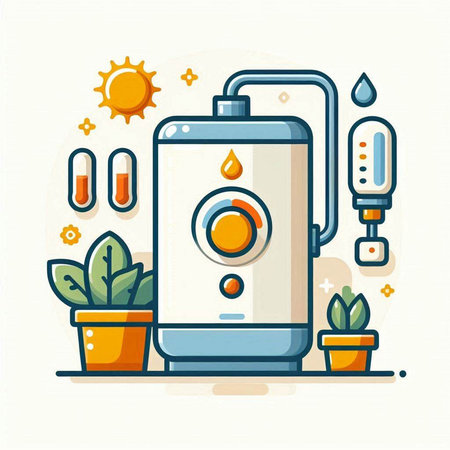 Flat line design modern vector illustration concept of water boiler, thermometer, flasks and plants.のイラスト素材