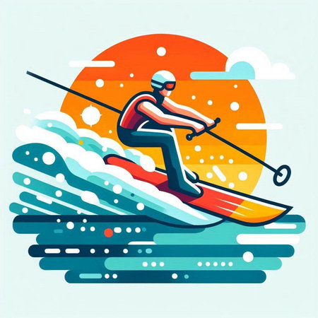 Skiing in the sea. Vector illustration of a man on a board.のイラスト素材