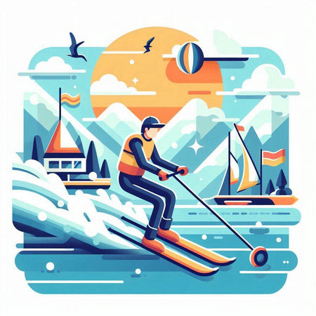 Skiing on the lake. Vector illustration in flat style.のイラスト素材