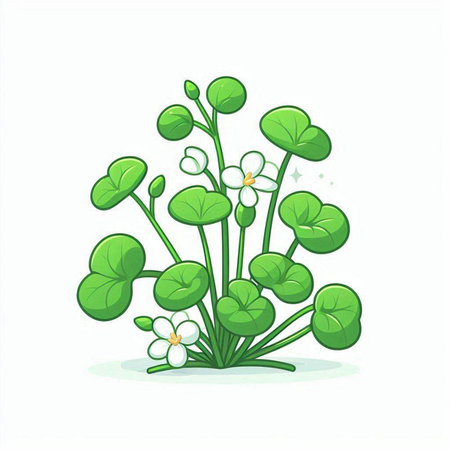 Illustration of a green grass with white flowers on a white backgroundのイラスト素材