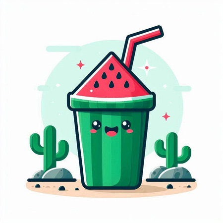 Cute cartoon watermelon smoothie with a straw. Vector flat illustrationのイラスト素材