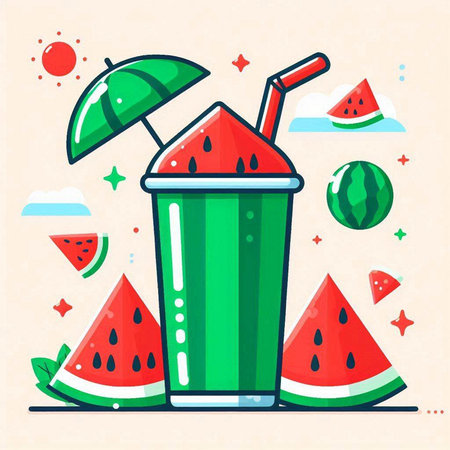 Vector illustration of watermelon smoothie in glass with umbrella and slices of watermelon.のイラスト素材