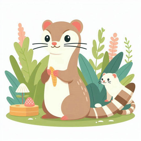 Cute hamster and cat in the garden. Vector illustration.のイラスト素材