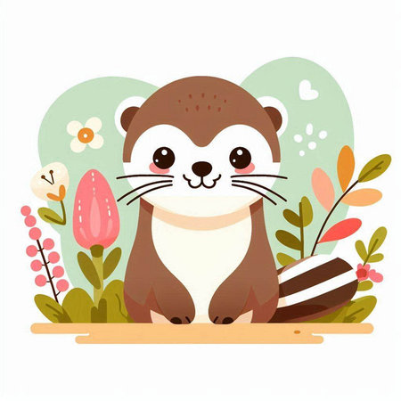 Cute beaver sitting on the grass with flowers. Vector illustration.のイラスト素材