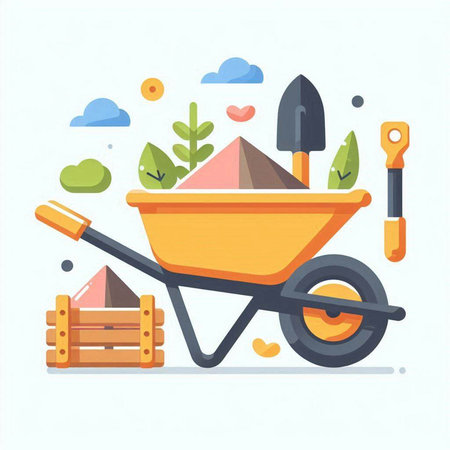 Wheelbarrow, shovel, rake, rake. Flat design vector illustration.のイラスト素材