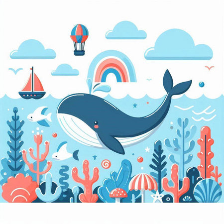 Cute hand drawn vector illustration of a whale swimming under the sea.のイラスト素材