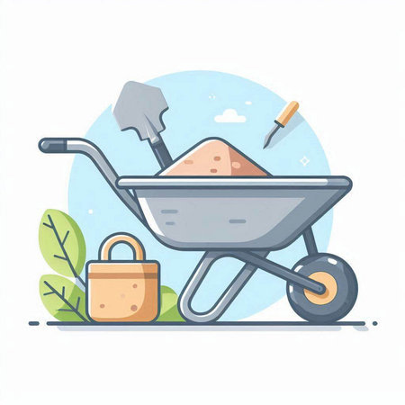 Garden wheelbarrow with soil, shovel and lock. Vector illustrationのイラスト素材
