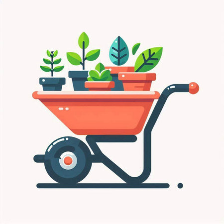 Garden wheelbarrow with potted plants. Flat vector illustration.のイラスト素材